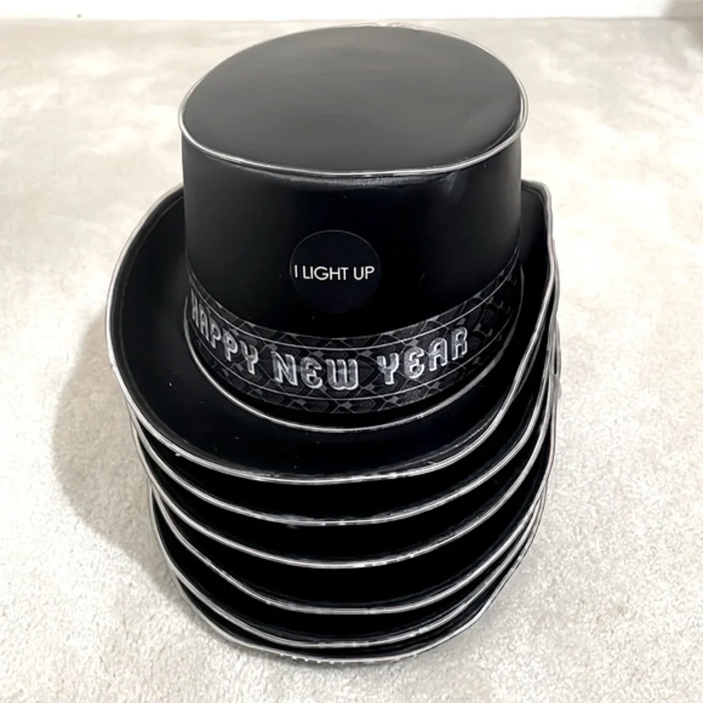 Lot of 6 NEW Happy New Year Light up top hats Black & Silver Celebration Party
